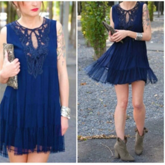 Zara Navy Blue Babydoll Mini Dress Bead Embroidered Fairy Tulle Sleeveless Small - Picture 1 of 13